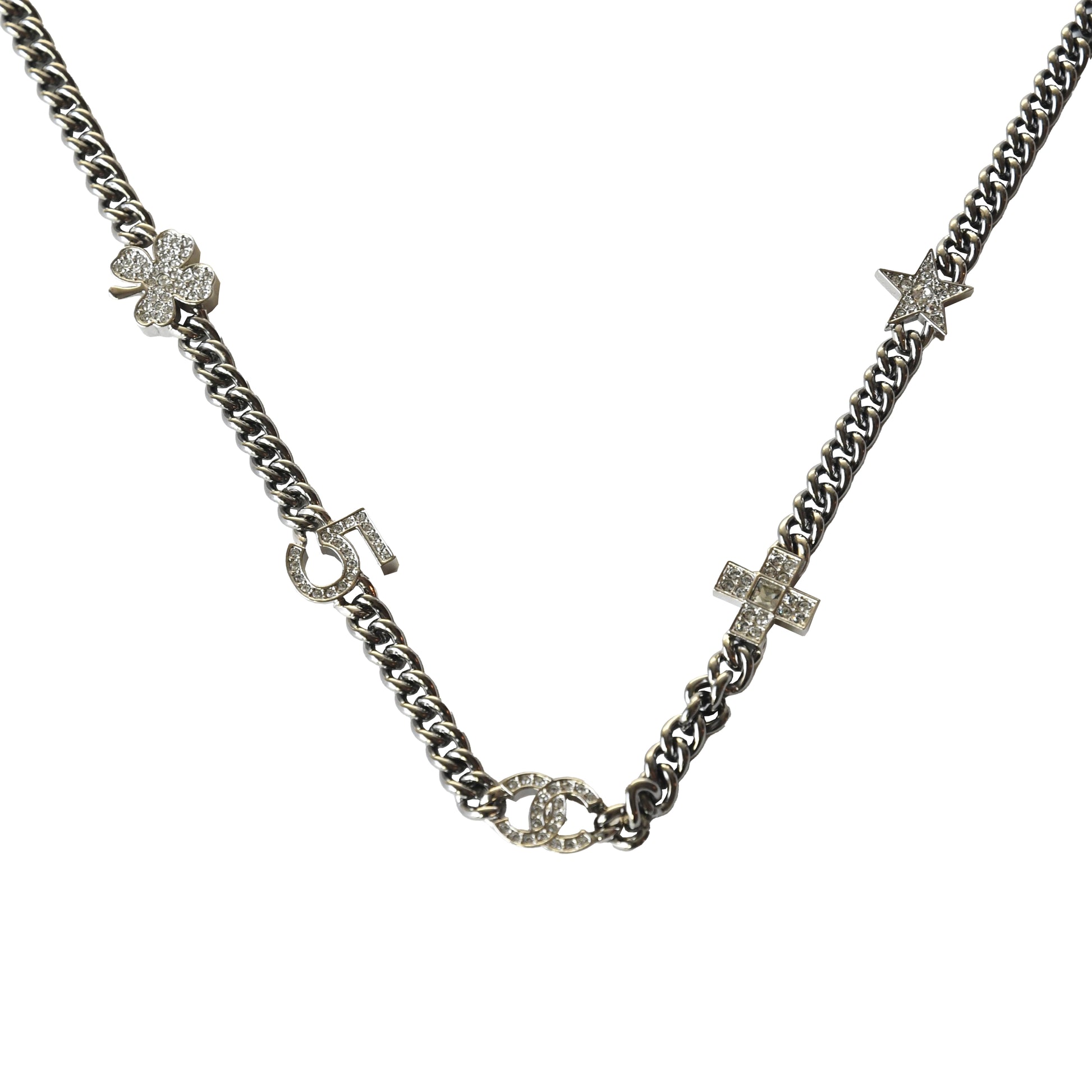 Chanel Crystal Strass Clover No.5 CC Mark Cross Star Necklace Silver-NOBLEMARS
