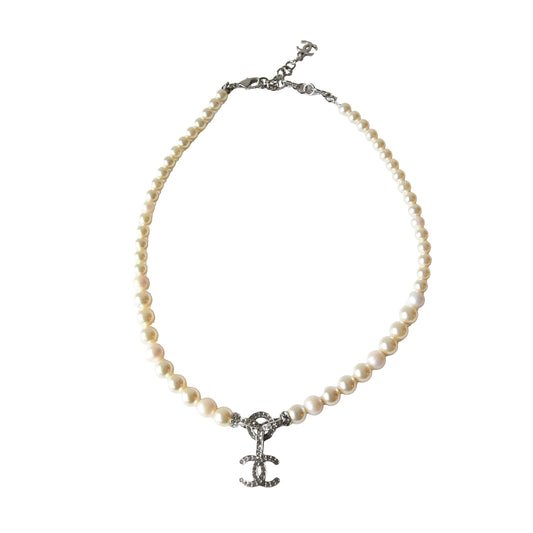 Chanel 25S CC Crystal Strass Drop With Pearl Necklace Silver-NOBLEMARS