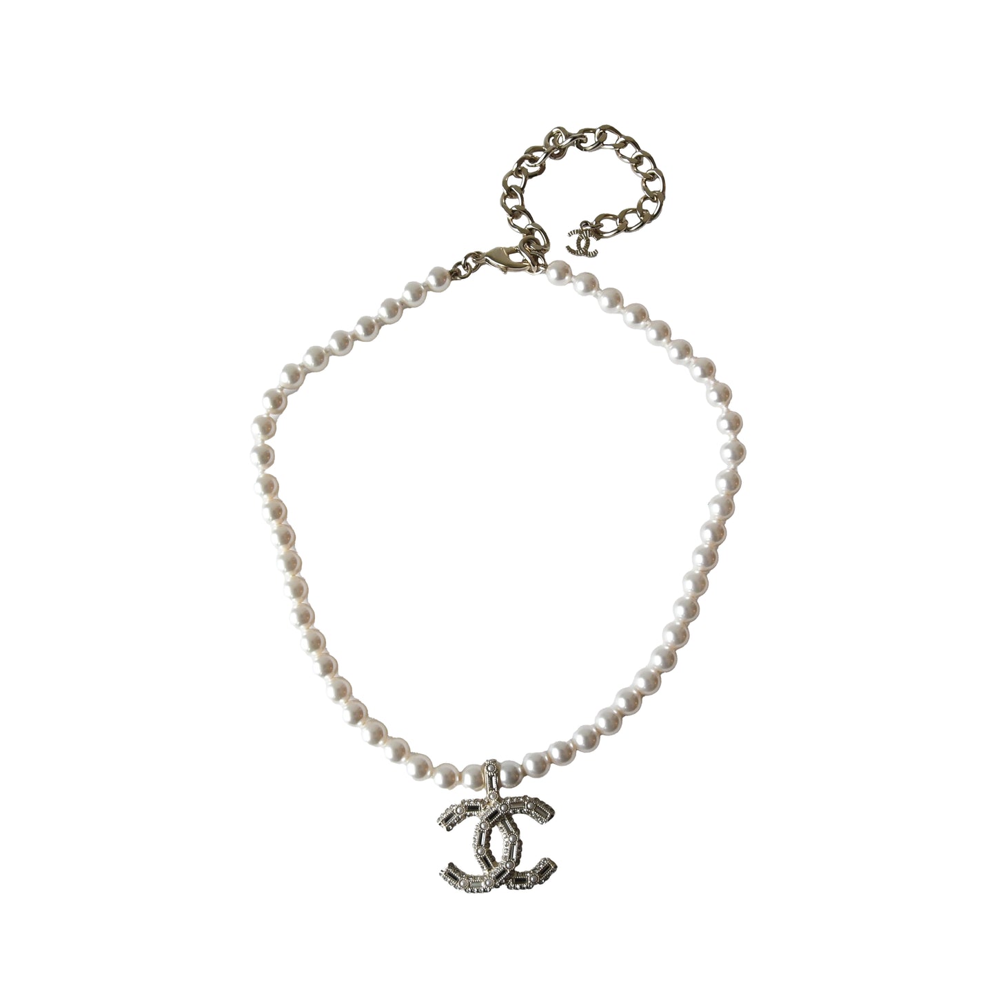 Chanel Crystal Strass Resin CC With Pearl Necklace White Light Gold-NOBLEMARS