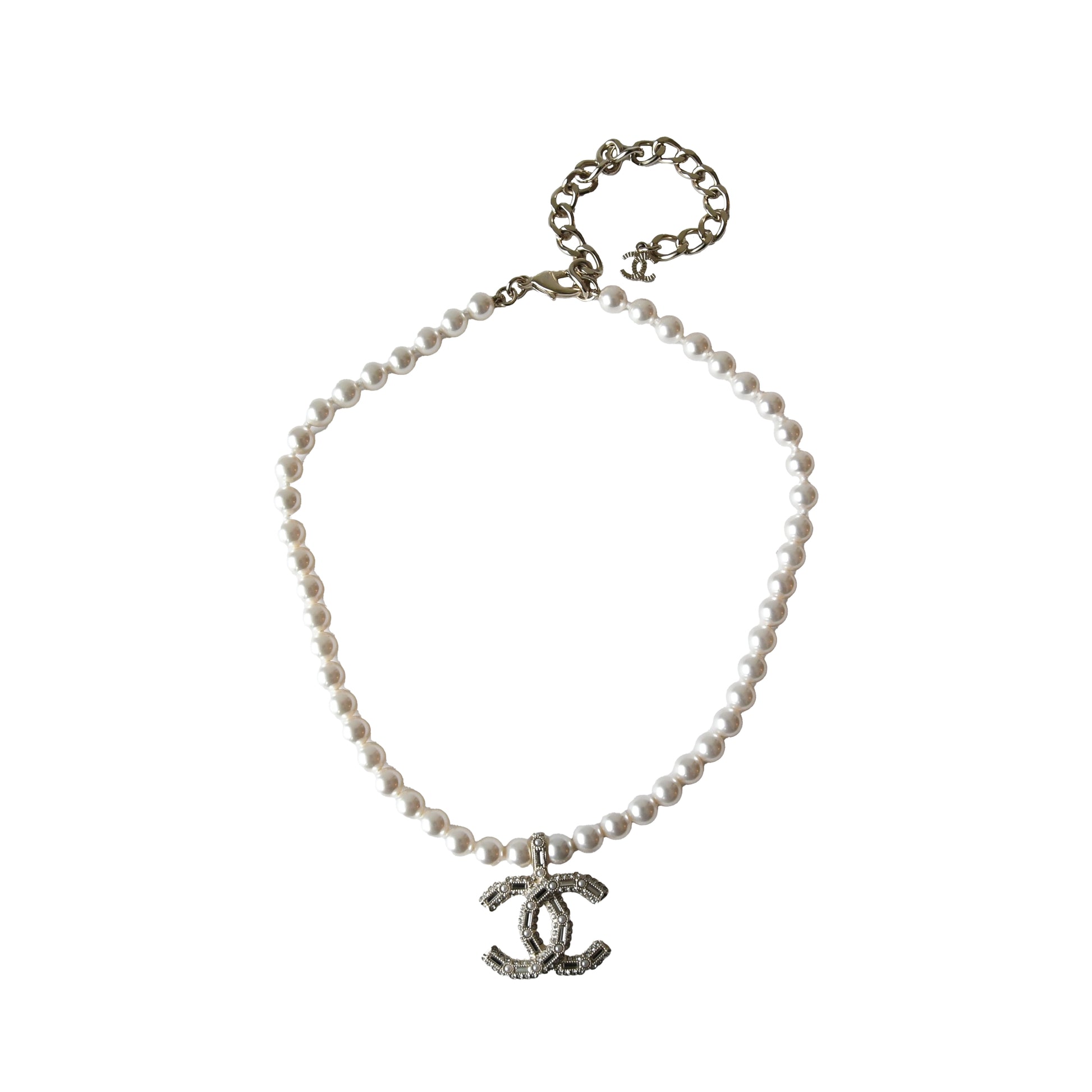 Chanel Crystal Strass Resin CC With Pearl Necklace White Light Gold-NOBLEMARS