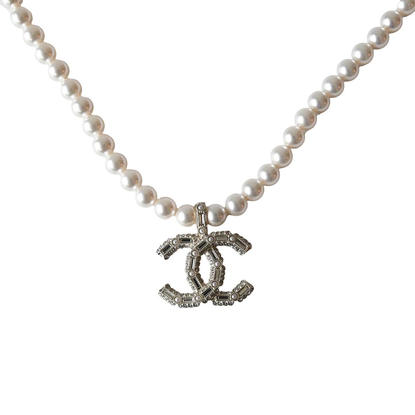 Chanel Crystal Strass Resin CC With Pearl Necklace White Light Gold-NOBLEMARS
