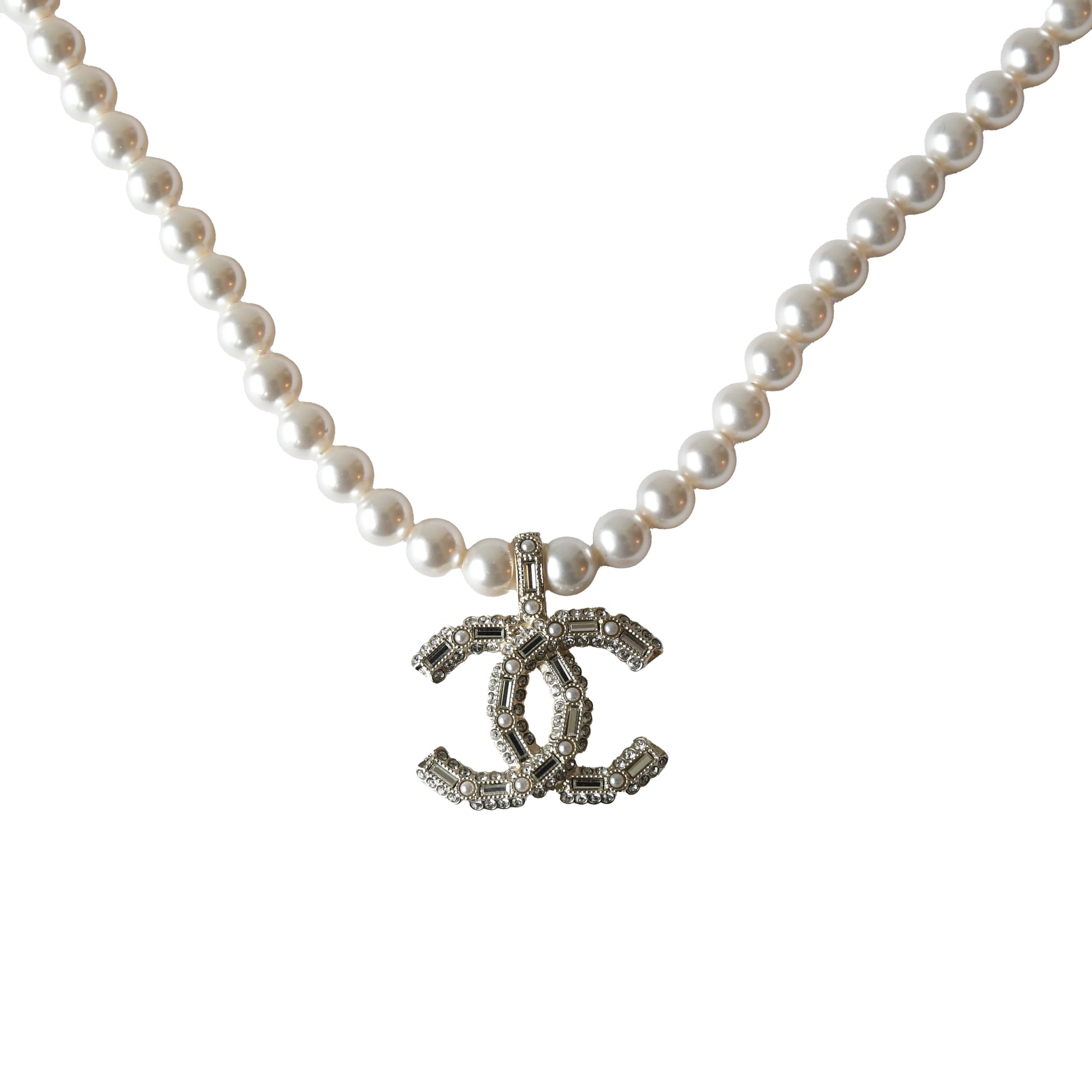 Chanel Crystal Strass Resin CC With Pearl Necklace White Light Gold-NOBLEMARS