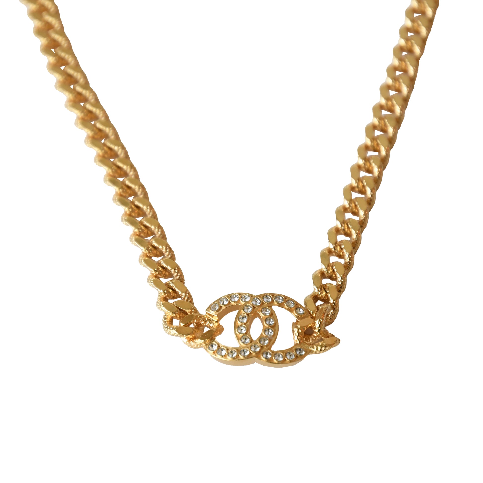 Chanel Crystal Strass CC Logo Necklace Gold-NOBLEMARS