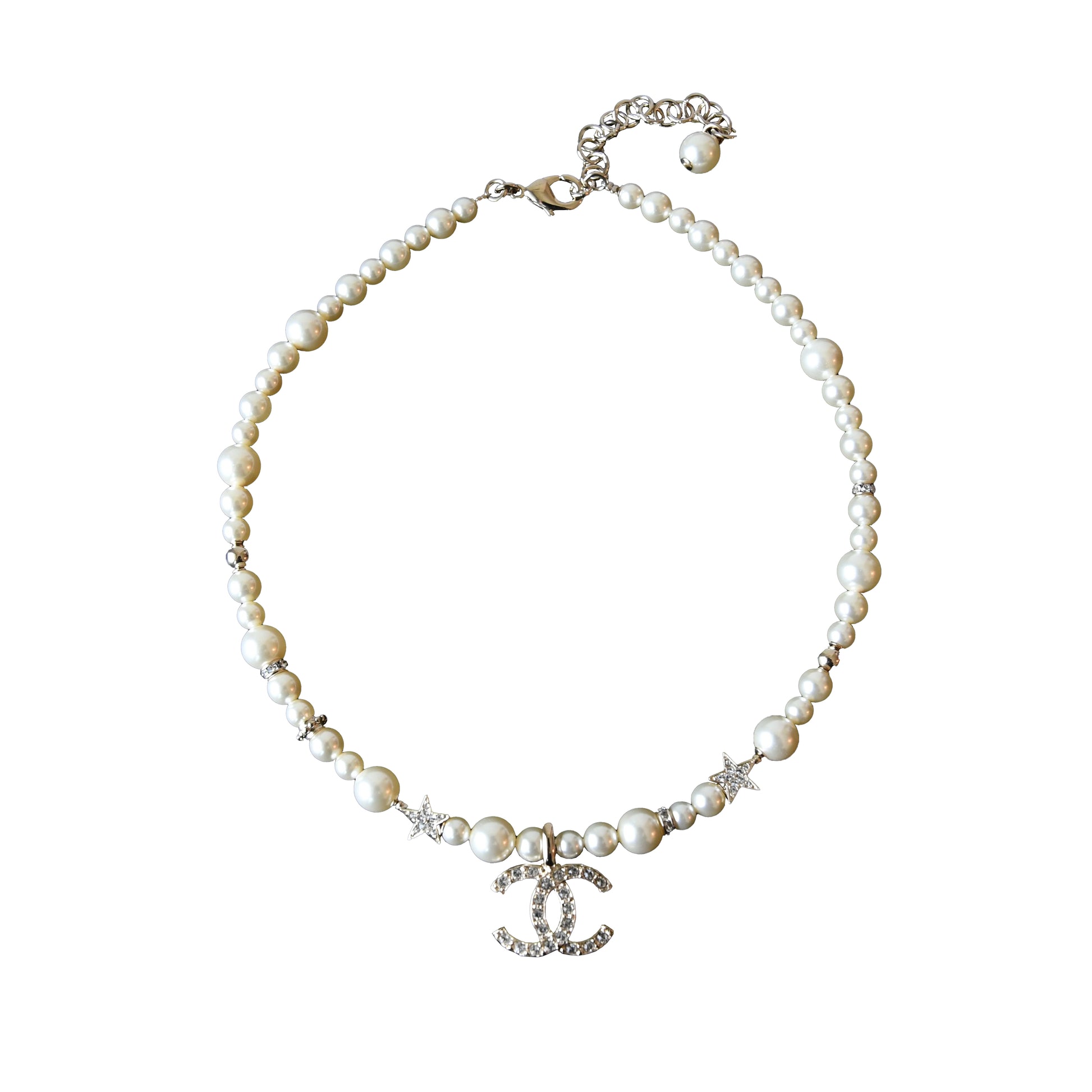 Chanel Crystal Strass CC Star Pearl Necklace Silver-NOBLEMARS