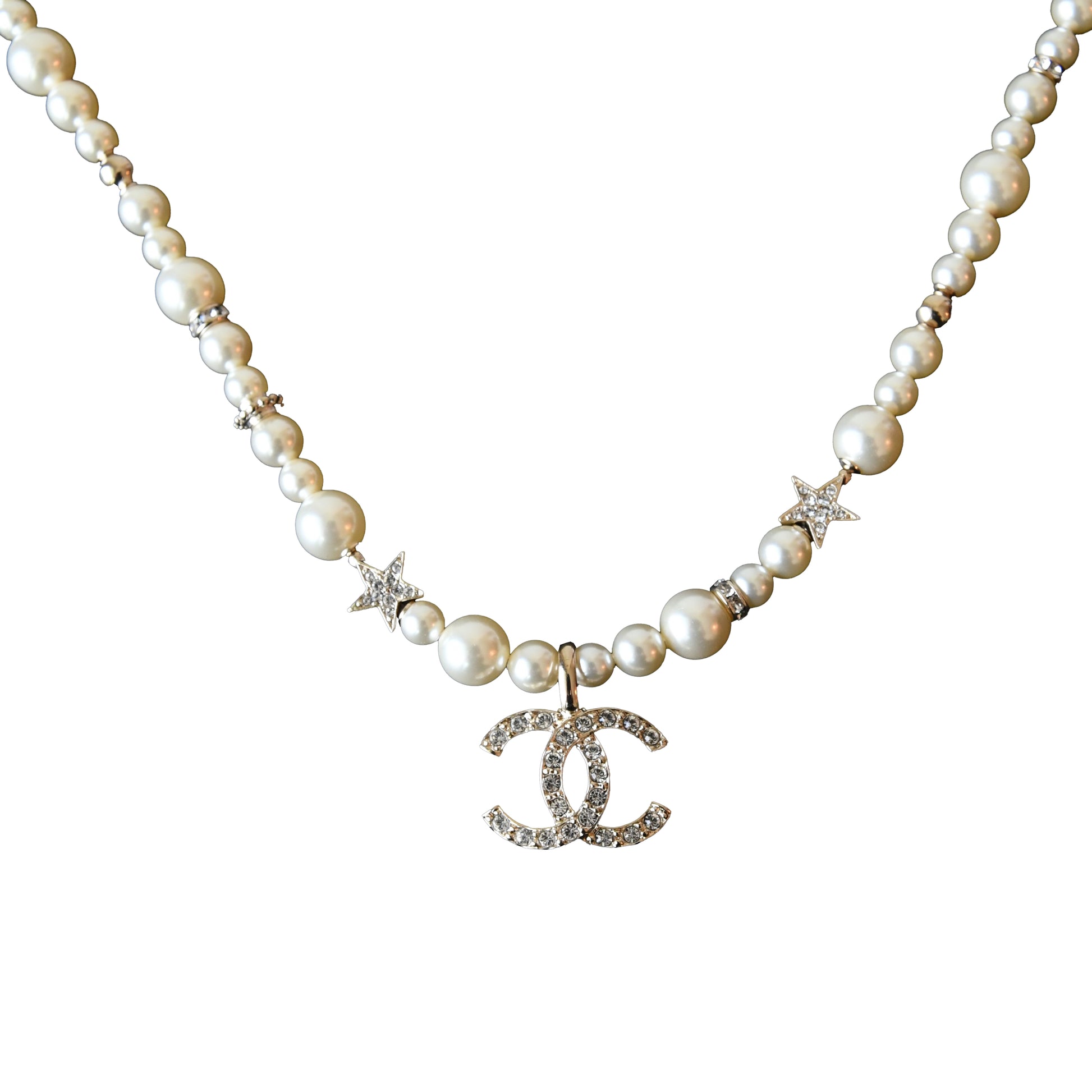 Chanel Crystal Strass CC Star Pearl Necklace Silver-NOBLEMARS
