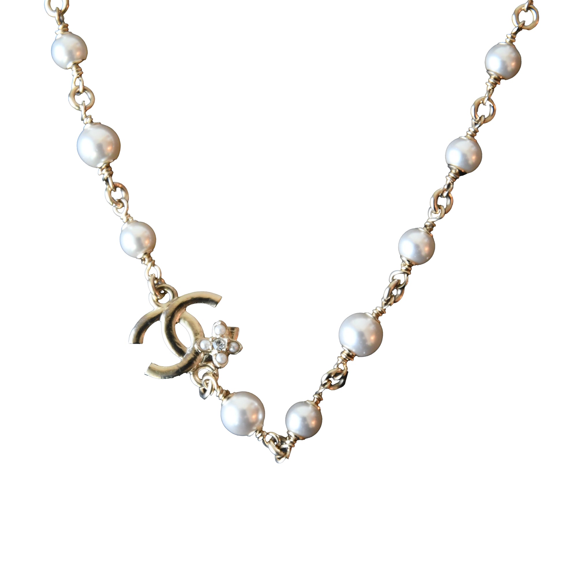 Chanel 23K Metal CC Floral Pearl Necklace Gold-NOBLEMARS
