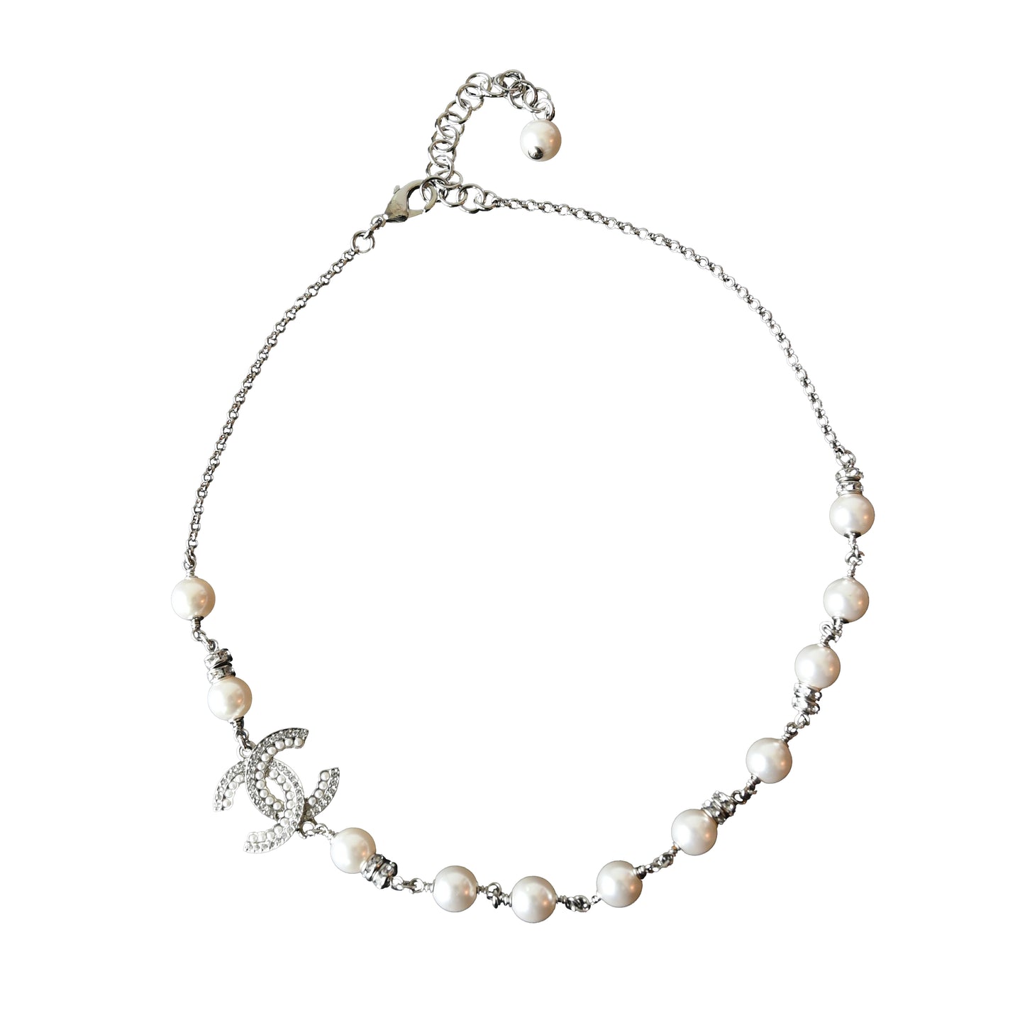 Chanel 24S Pearl Crystal Strass CC Logo With Pearl Chain Necklace Silver-NOBLEMARS