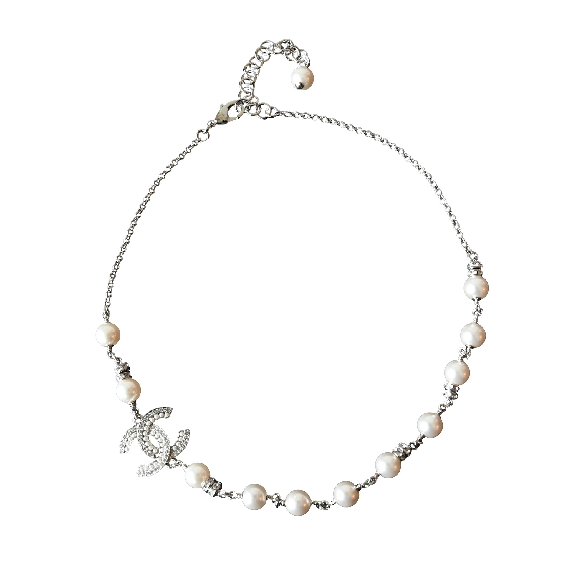 Chanel 24S Pearl Crystal Strass CC Logo With Pearl Chain Necklace Silver-NOBLEMARS