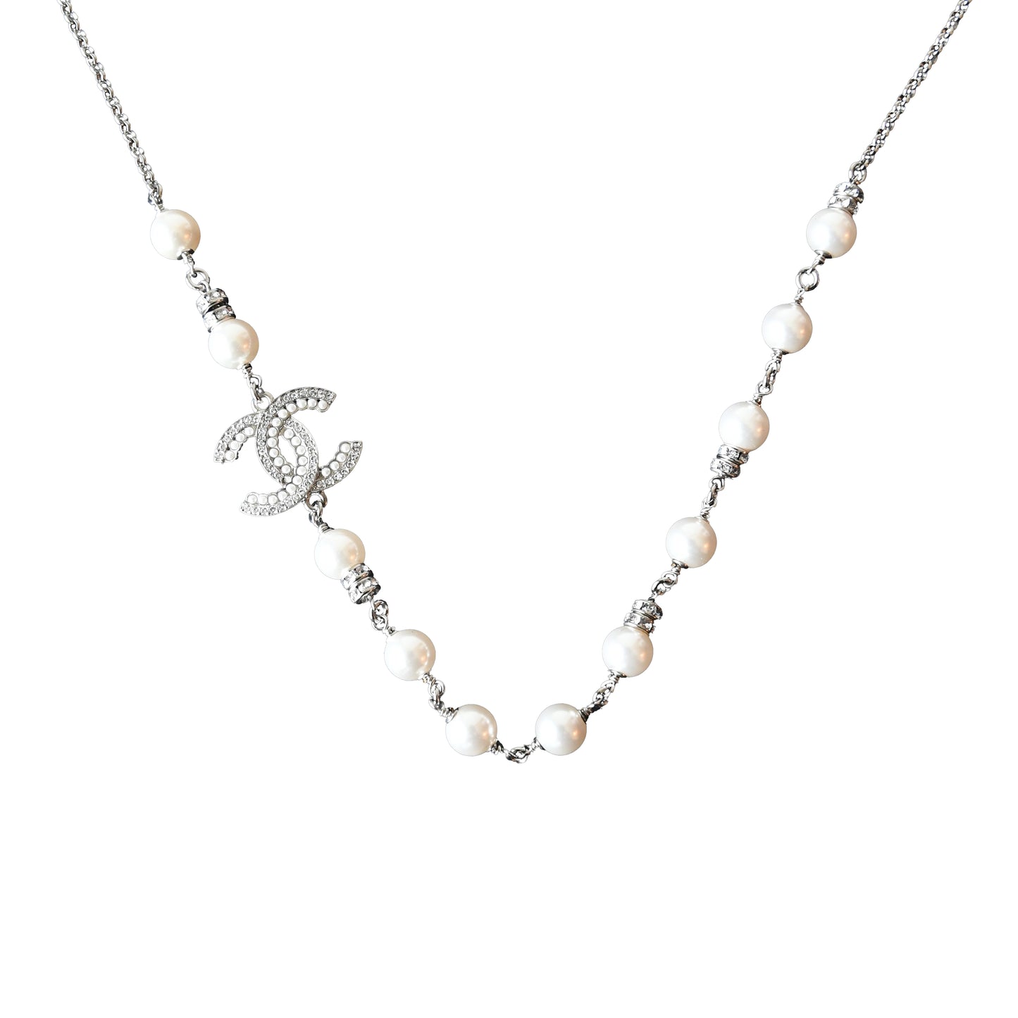 Chanel 24S Pearl Crystal Strass CC Logo With Pearl Chain Necklace Silver-NOBLEMARS