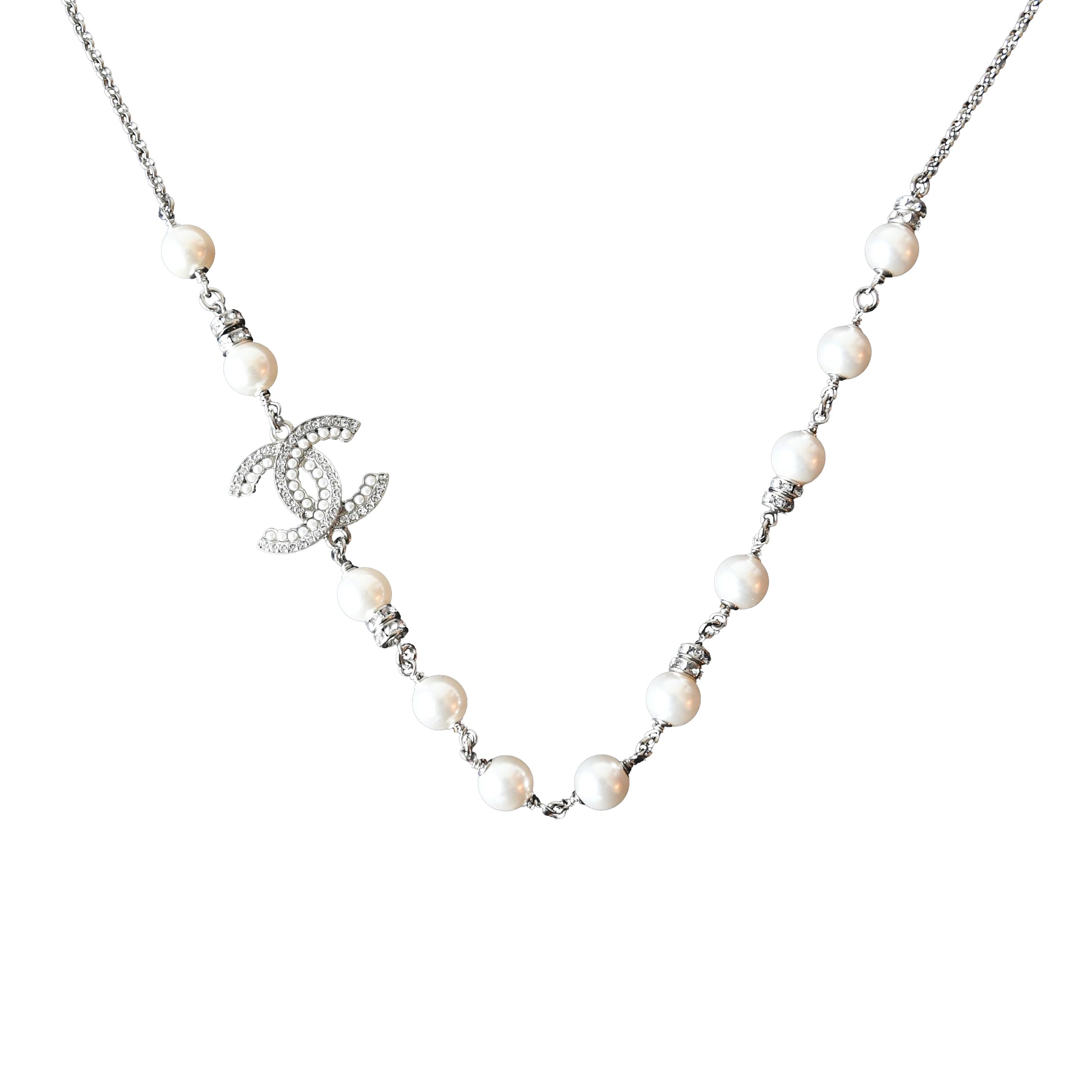 Chanel 24S Pearl Crystal Strass CC Logo With Pearl Chain Necklace Silver-NOBLEMARS
