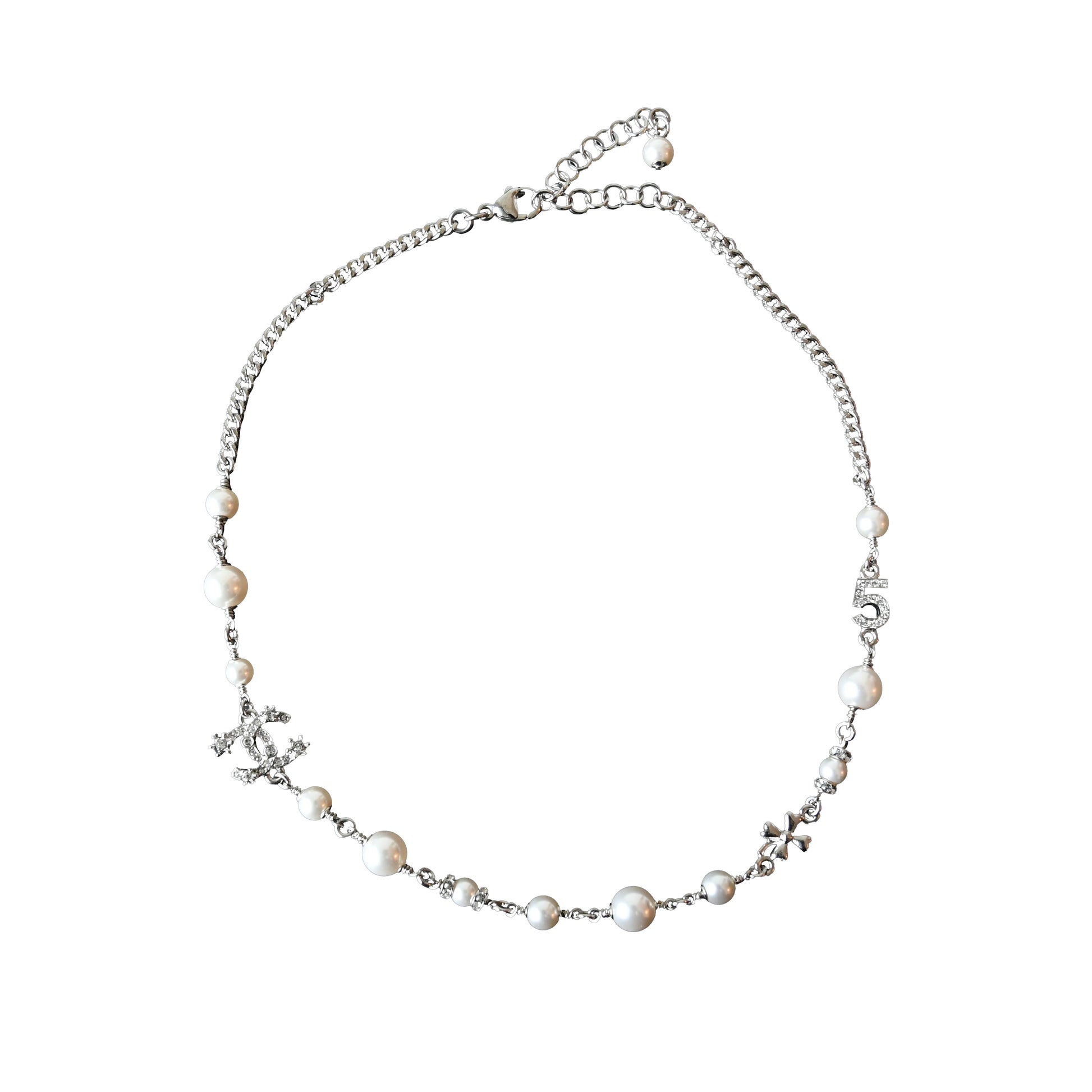 Chanel 23P Crystal Strass CC Logo No.5 Clover With Pearl Chain Necklace Silver-NOBLEMARS