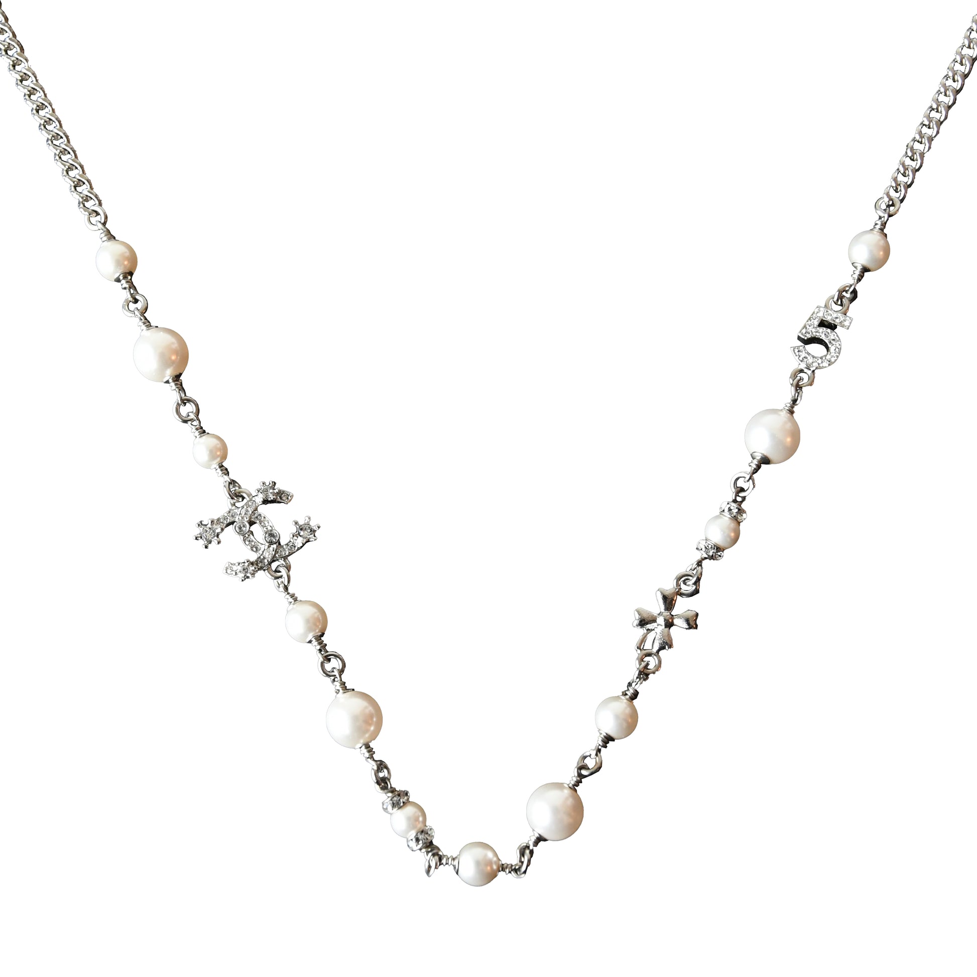 Chanel 23P Crystal Strass CC Logo No.5 Clover With Pearl Chain Necklace Silver-NOBLEMARS