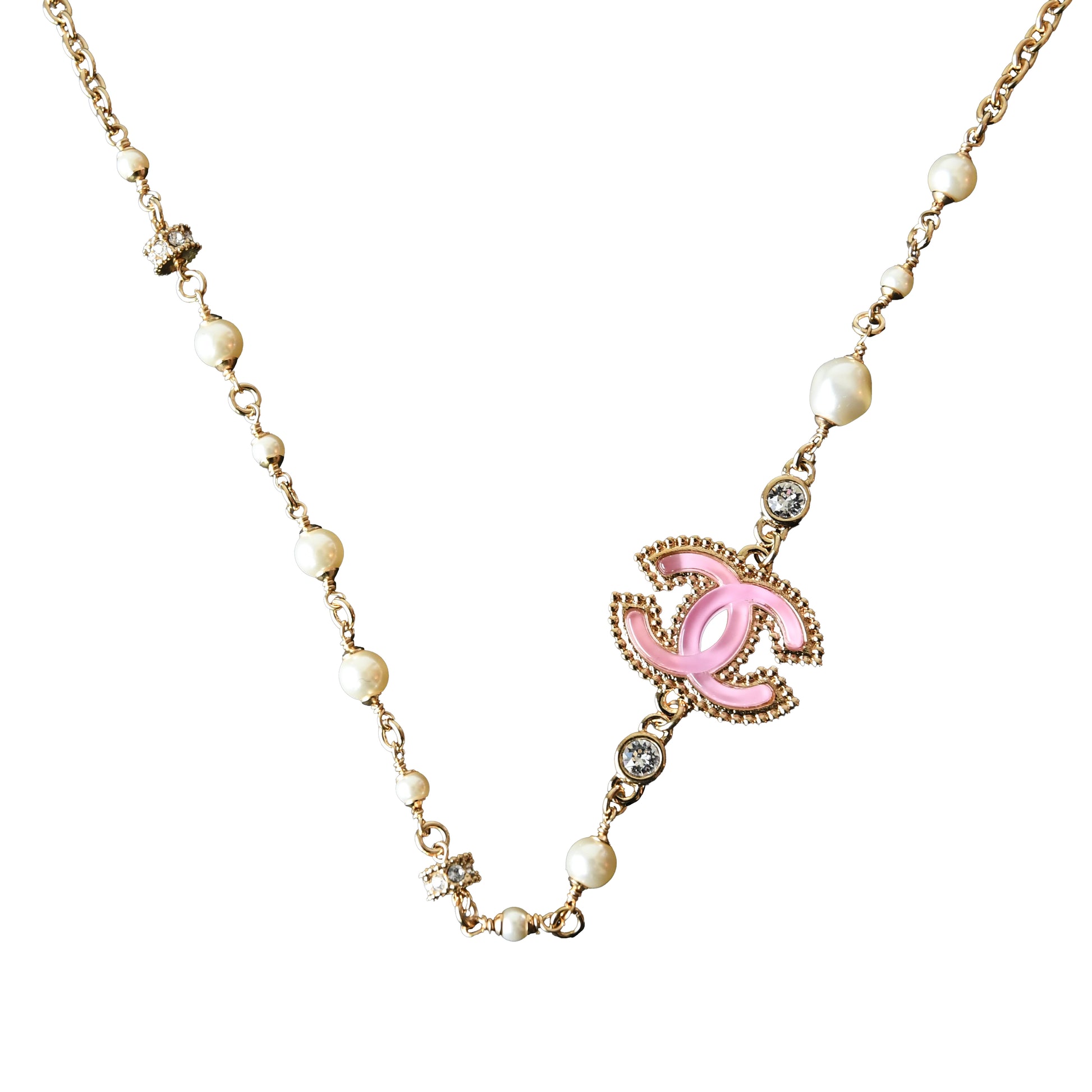 Chanel 24P Crystal Strass Resin CC With Pearl Necklace Pink Gold White-NOBLEMARS