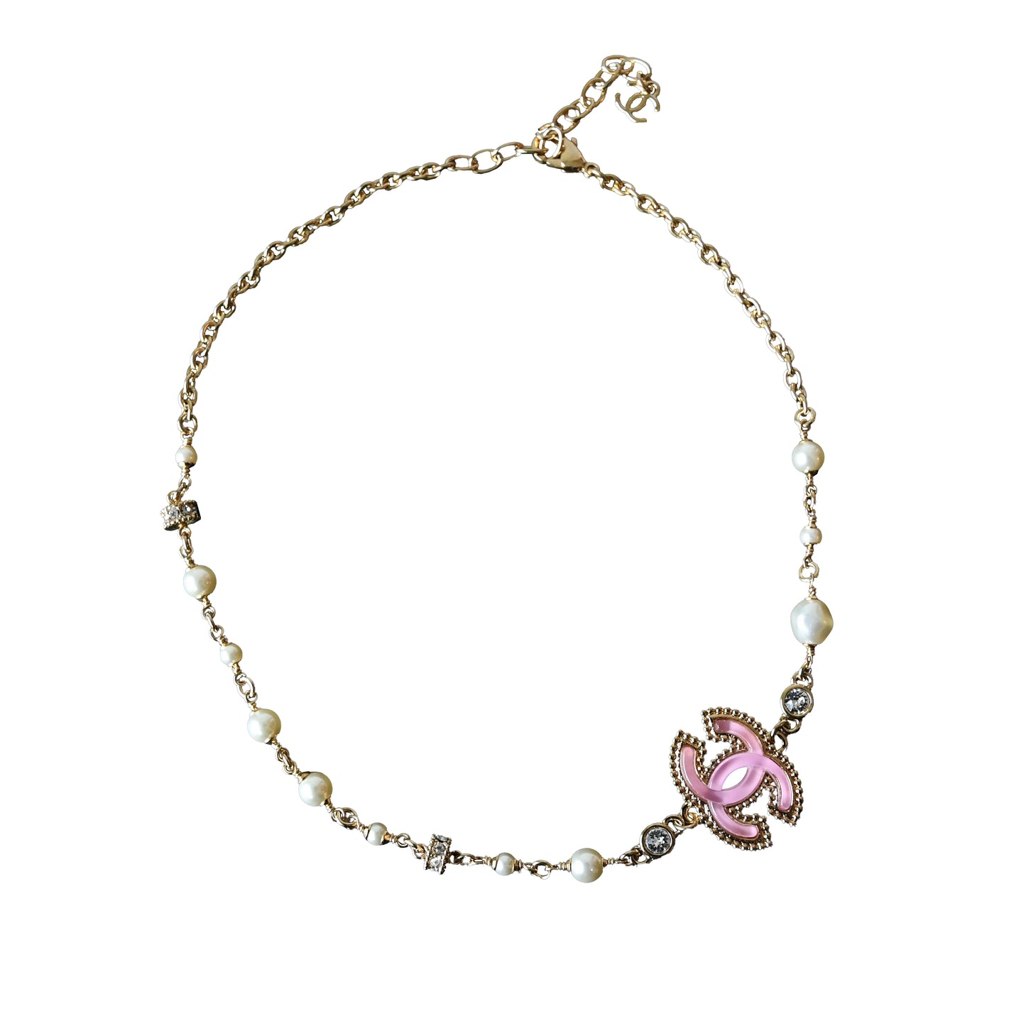 Chanel 24P Crystal Strass Resin CC With Pearl Necklace Pink Gold White-NOBLEMARS