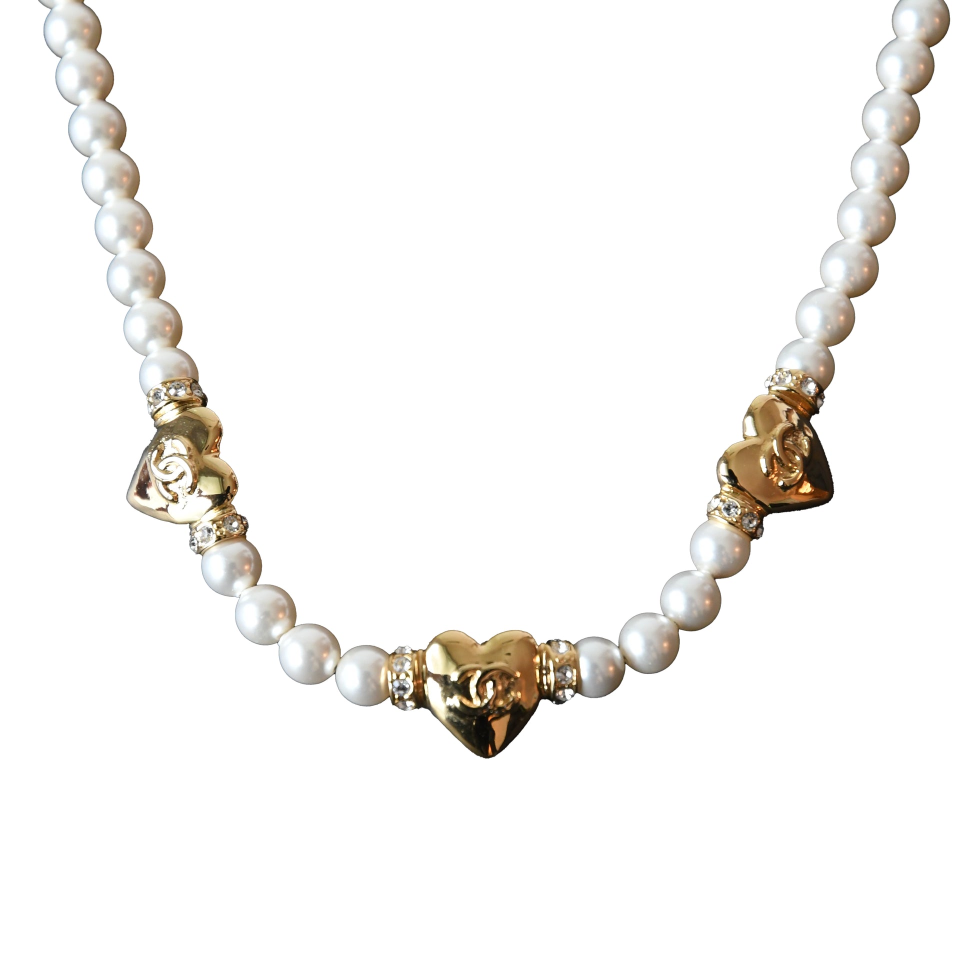 Chanel 24P CC Logo Metal Heart With Crystal Strass Pearl Necklace Gold White-NOBLEMARS
