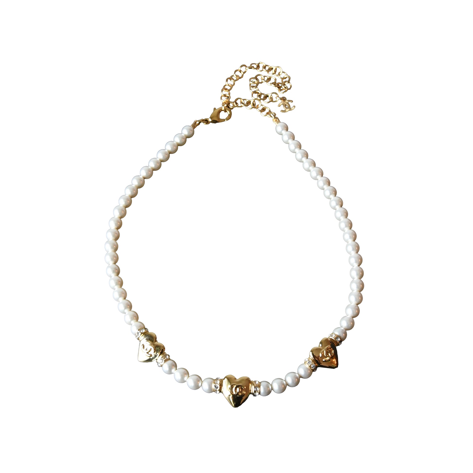 Chanel 24P CC Logo Metal Heart With Crystal Strass Pearl Necklace Gold White-NOBLEMARS