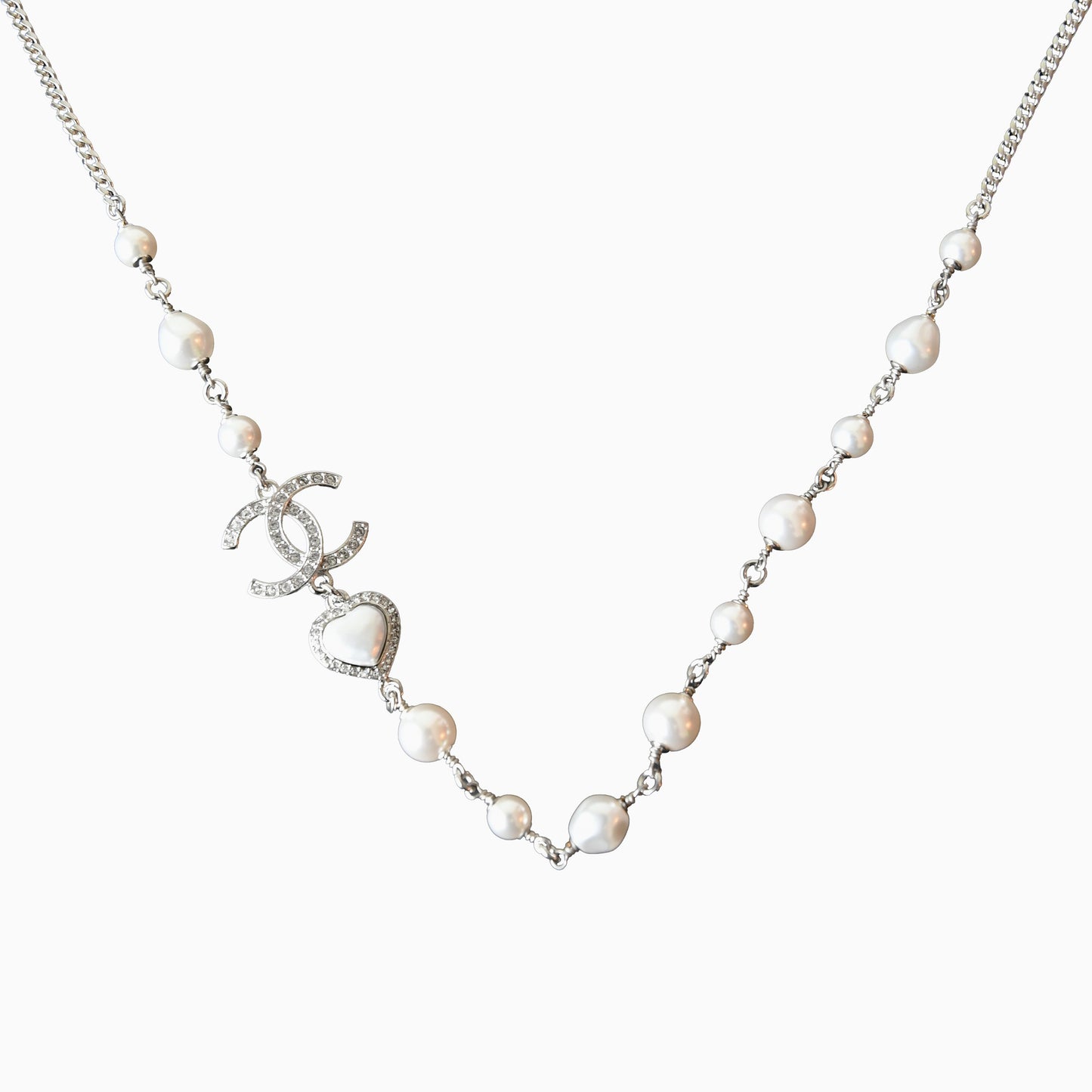Chanel 23B Crystal Strass CC Heart Pearl Necklace Silver-NOBLEMARS