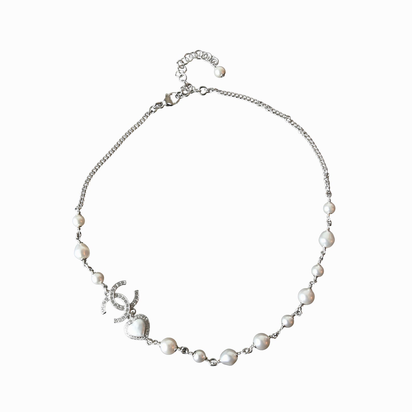Chanel 23B Crystal Strass CC Heart Pearl Necklace Silver-NOBLEMARS