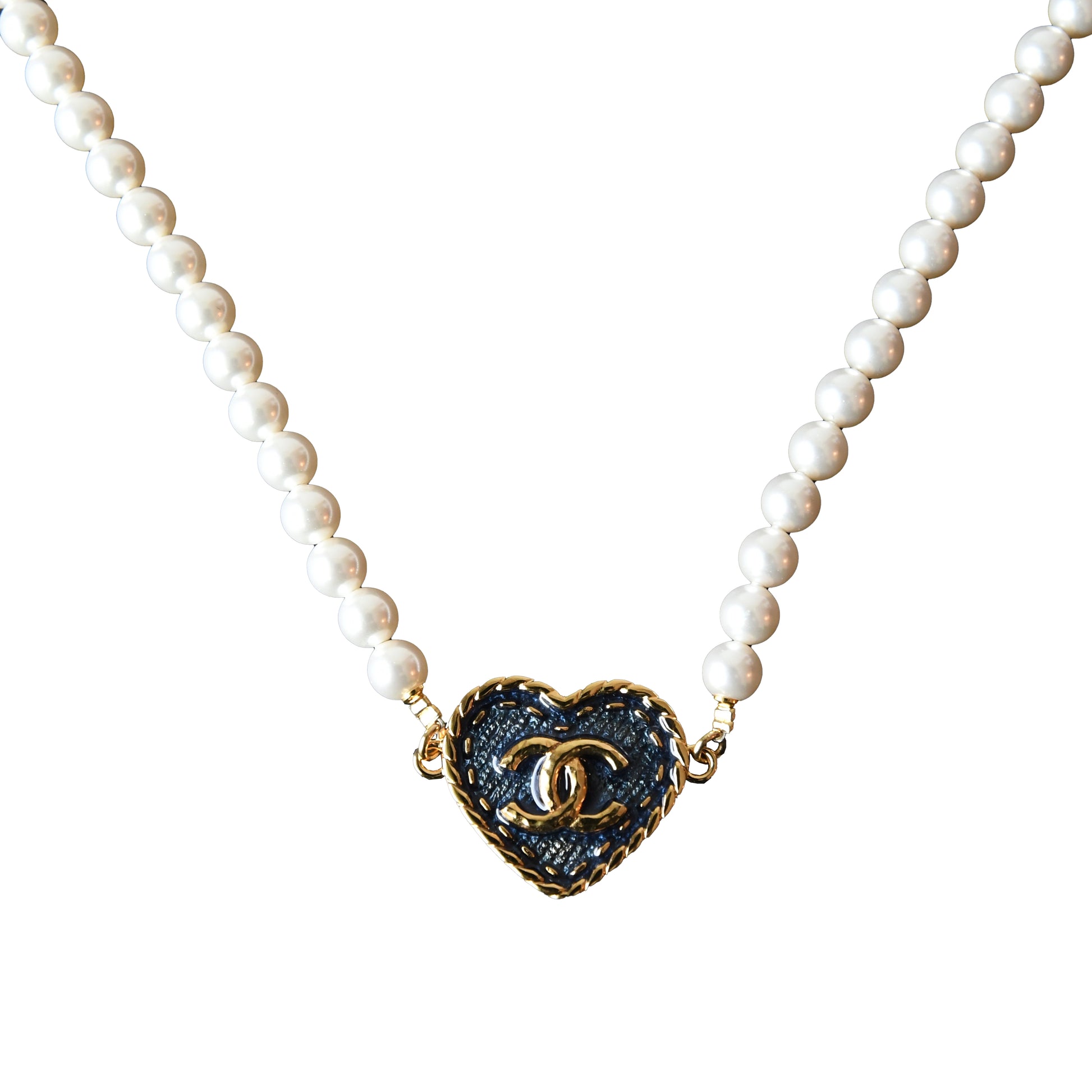 Chanel 24P Metal Denim CC Heart Choker With Pearl Necklace Gold Blue Pearly White-NOBLEMARS