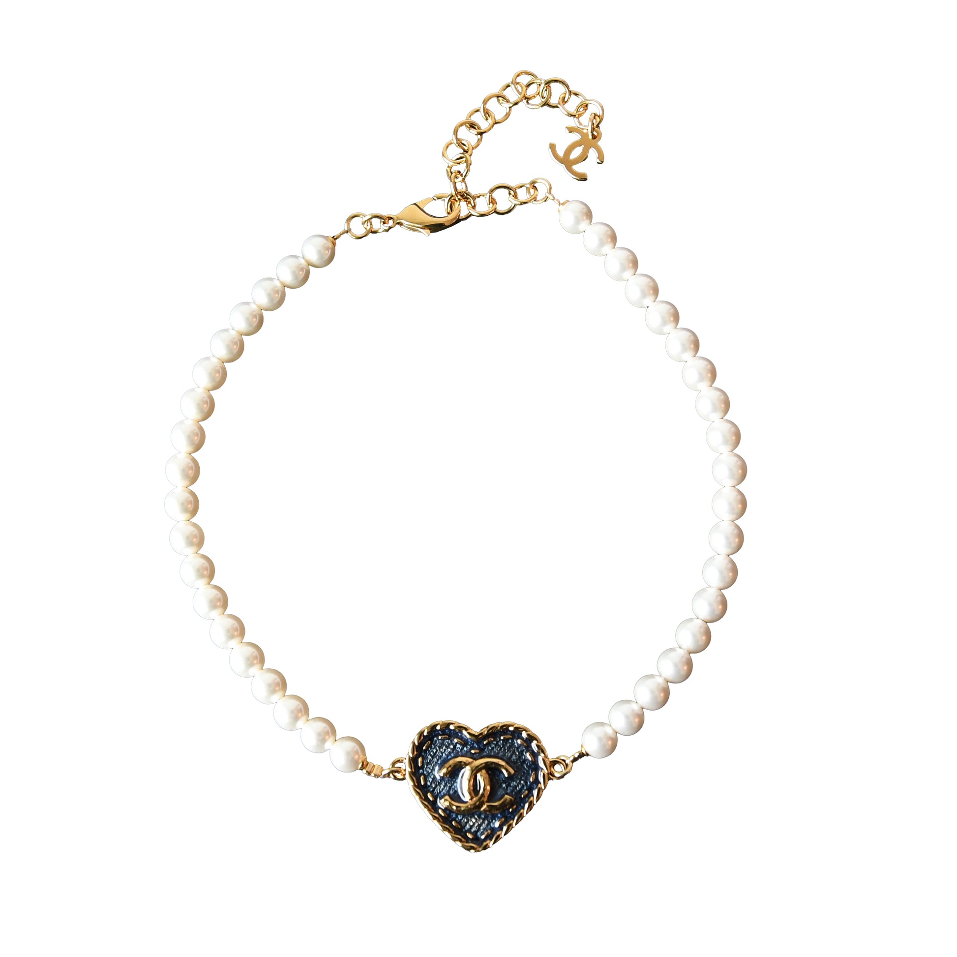 Chanel 24P Metal Denim CC Heart Choker With Pearl Necklace Gold Blue Pearly White-NOBLEMARS