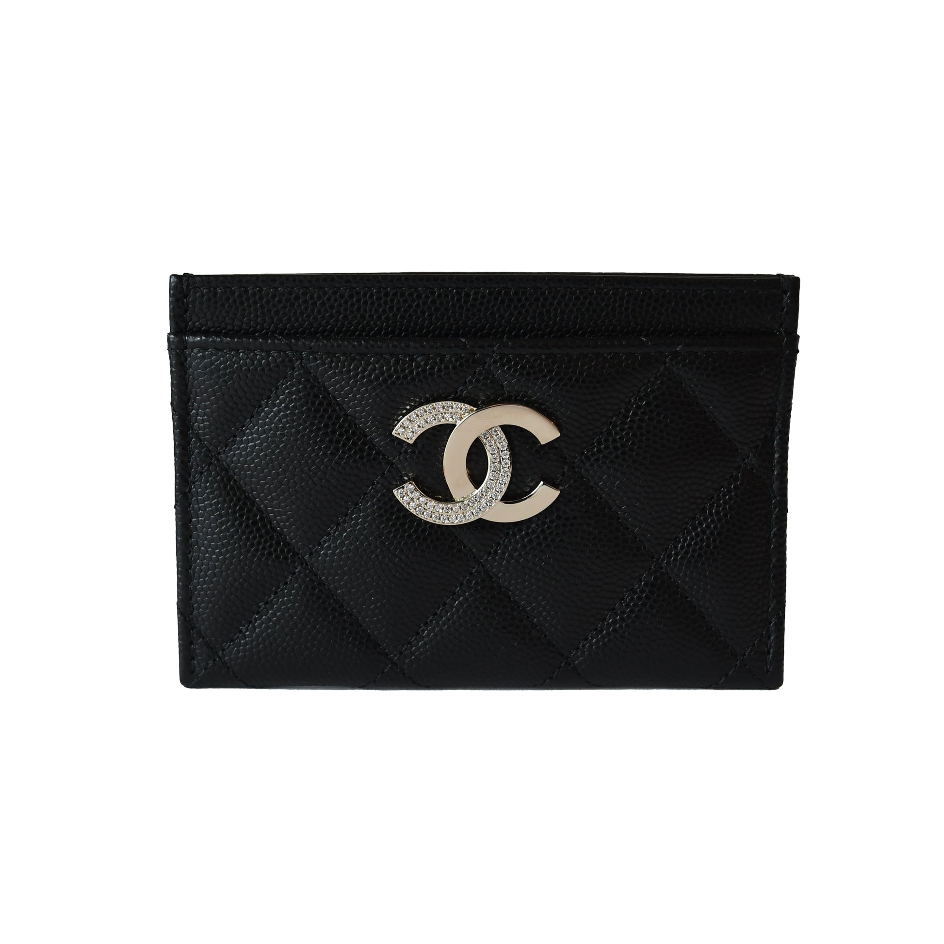 Chanel Metal Crystal Strass CC Logo Quilted Leather Card Holder Black-NOBLEMARS