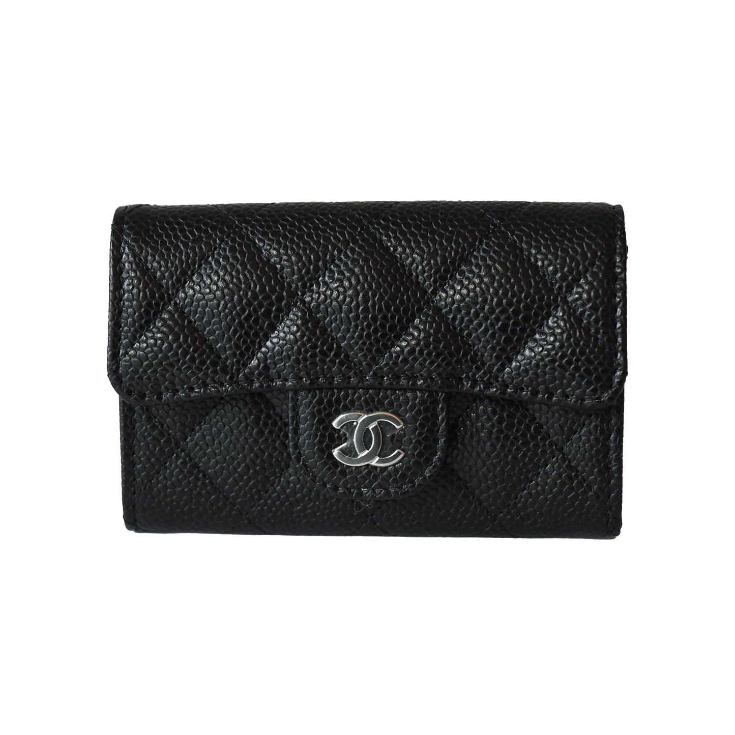 Chanel CC Quilted Caviar Flap Card Holder Wallet Black Silver-NOBLEMARS