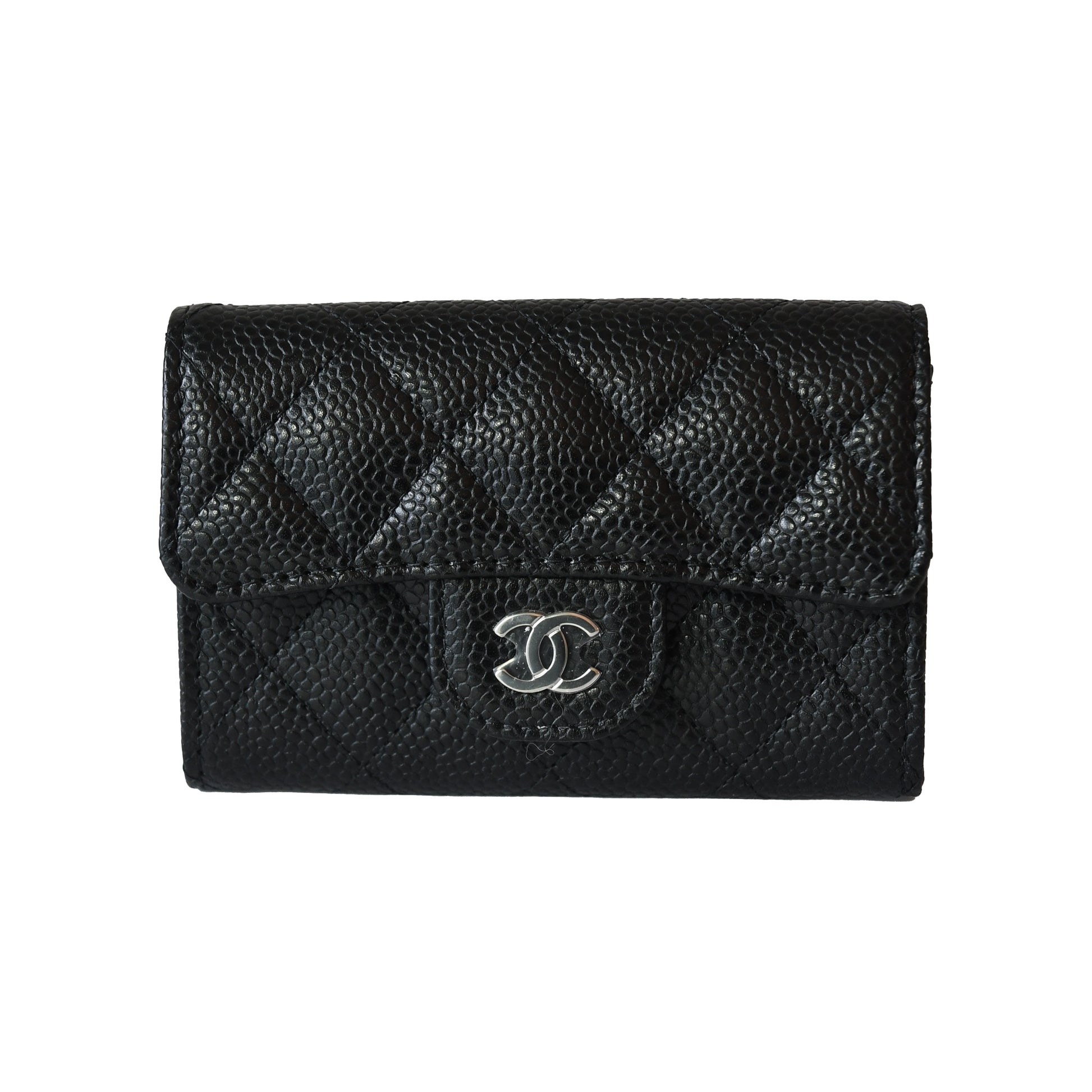 Chanel CC Quilted Caviar Flap Card Holder Wallet Black Silver-NOBLEMARS