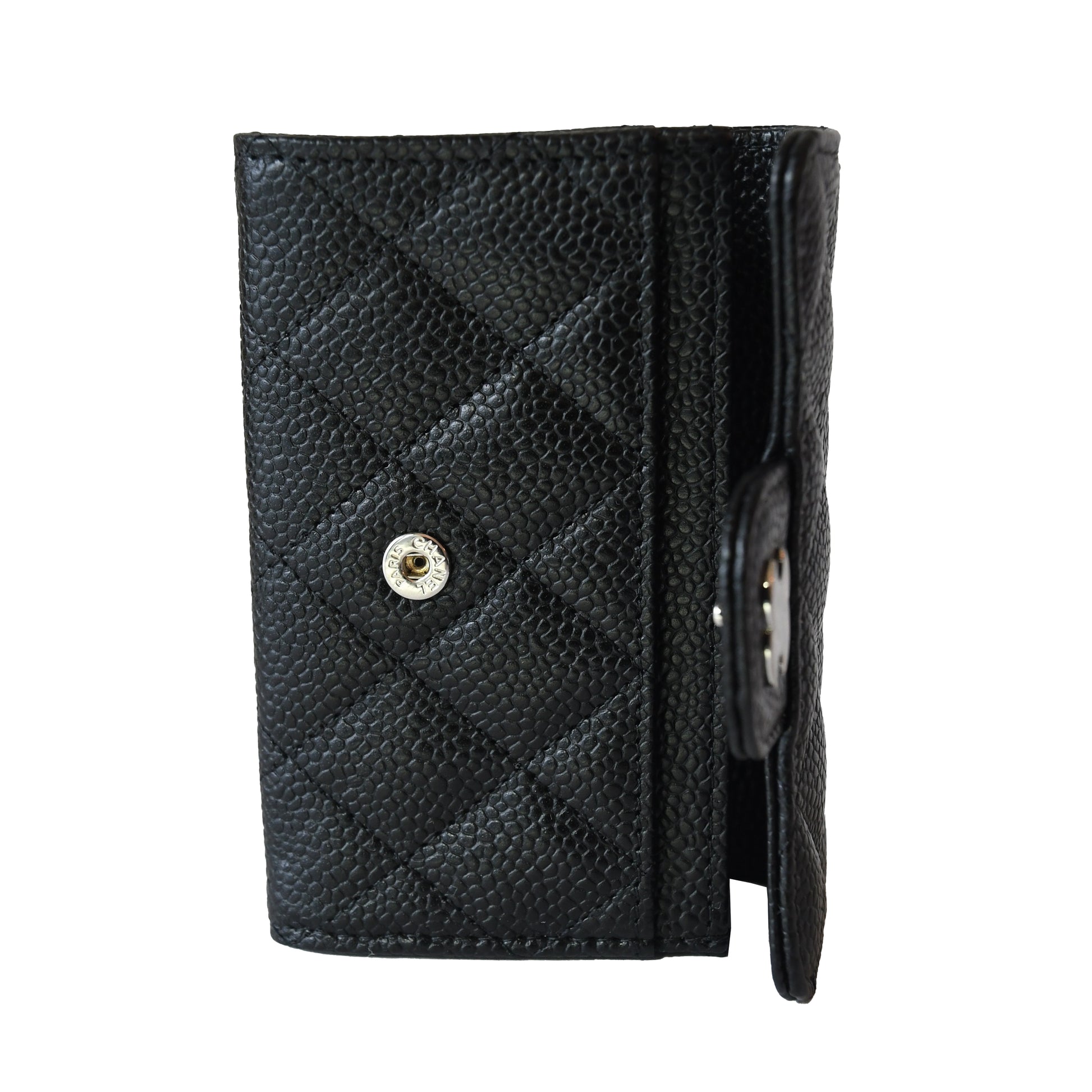 Chanel CC Quilted Caviar Flap Card Holder Wallet Black Silver-NOBLEMARS