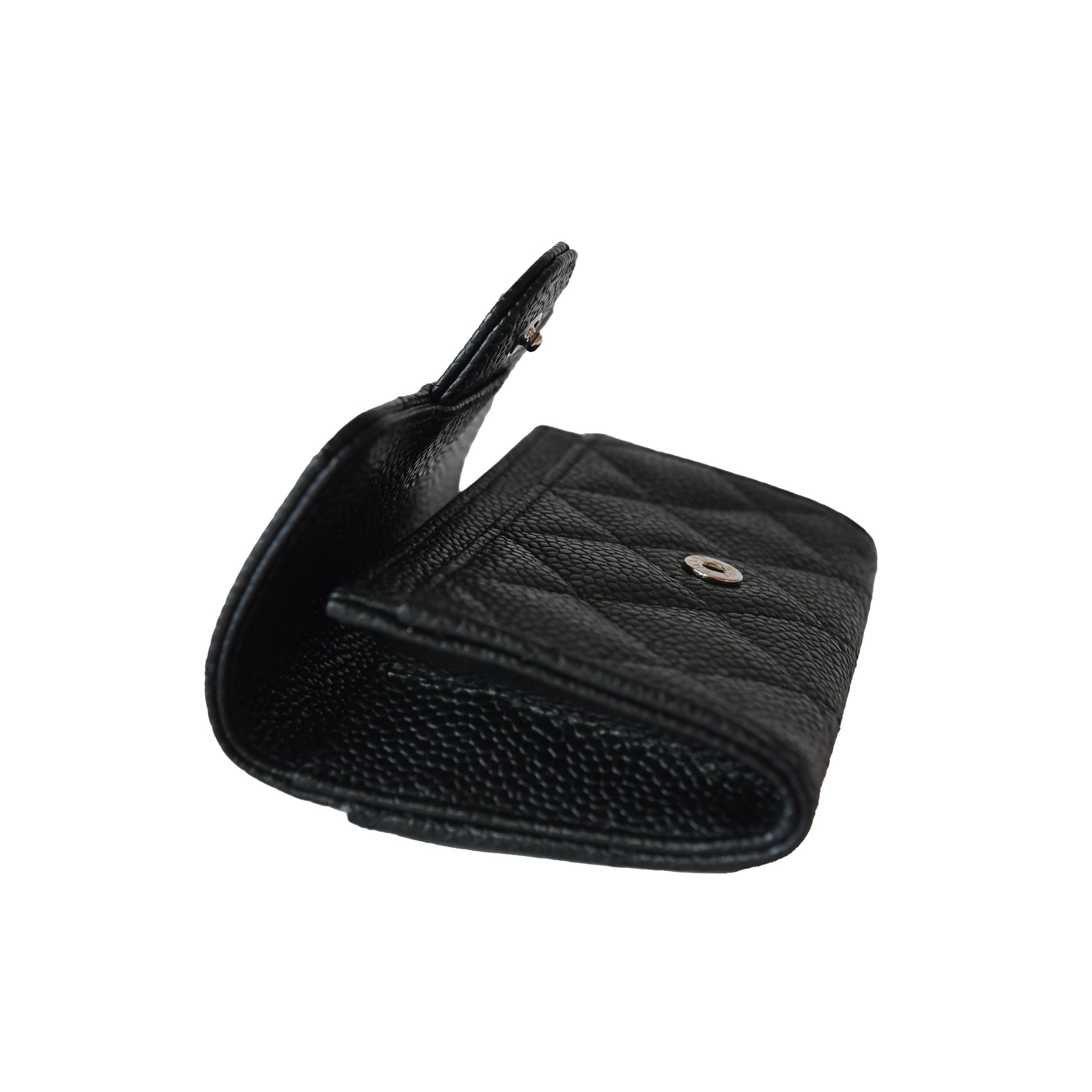 Chanel CC Quilted Caviar Flap Card Holder Wallet Black Silver-NOBLEMARS
