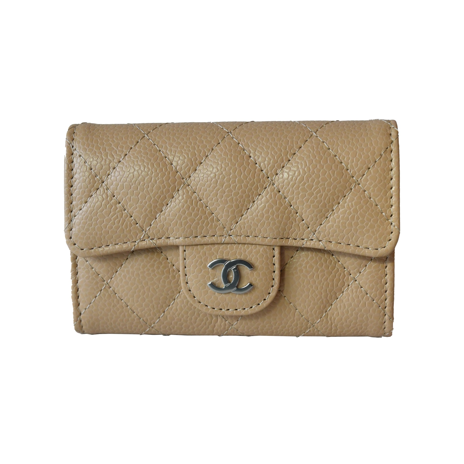 Chanel CC Quilted Caviar Flap Card Holder Wallet Beige Silver-NOBLEMARS