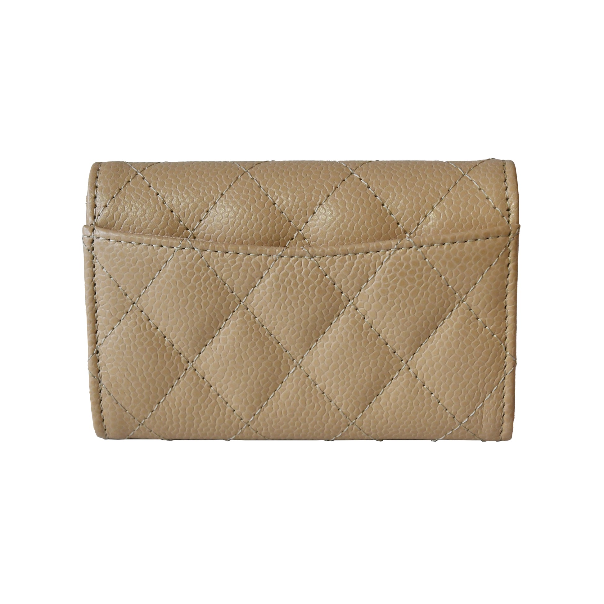 Chanel CC Quilted Caviar Flap Card Holder Wallet Beige Silver-NOBLEMARS