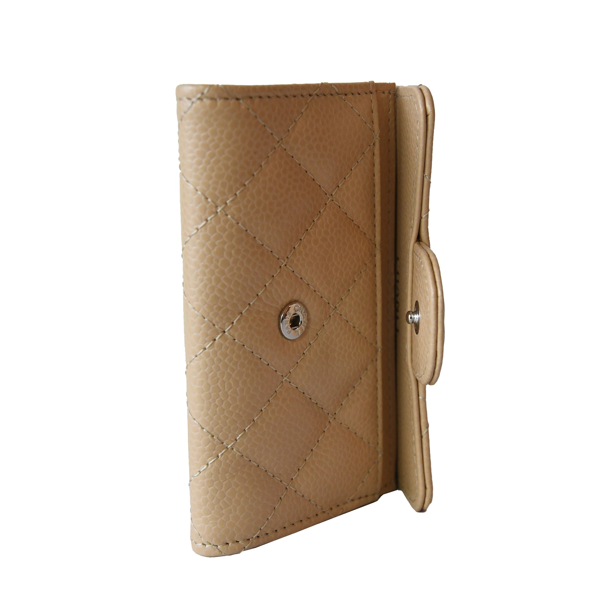 Chanel CC Quilted Caviar Flap Card Holder Wallet Beige Silver-NOBLEMARS