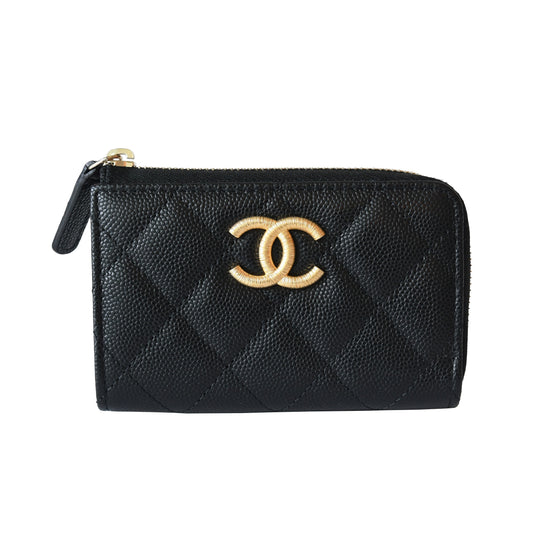 Chanel Gold CC Logo Zipped Key Holder Case Wallet Black