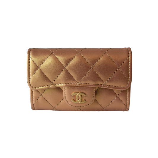 Chanel CC Metallic Lambskin Quilted Flap Card Holder Wallet Golden