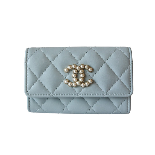 Chanel Pearl CC Lambskin Quilted Chanel Flap Card Holder Baby Blue