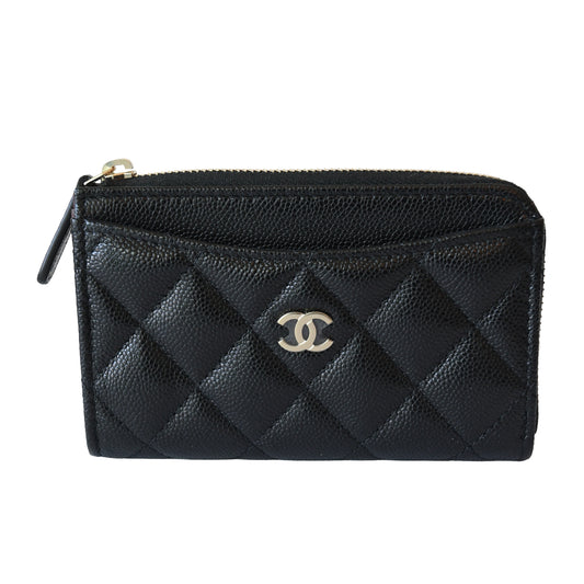 Chanel CC Caviar Quilted Zip Around Card Holder Black