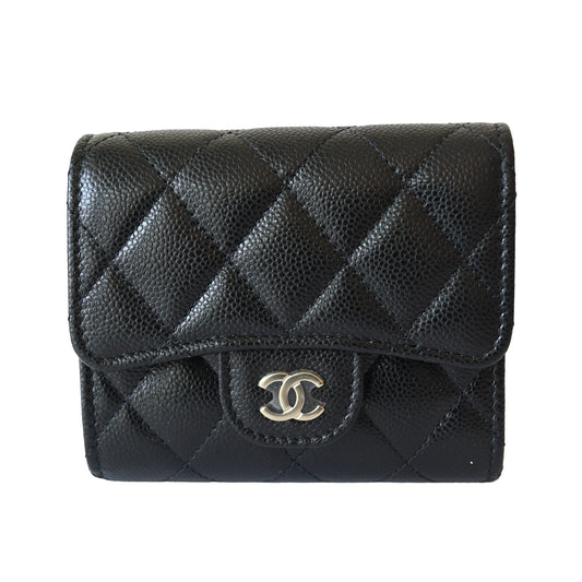 Chanel CC Caviar Quilted Trifold Compact Flap Wallet Black