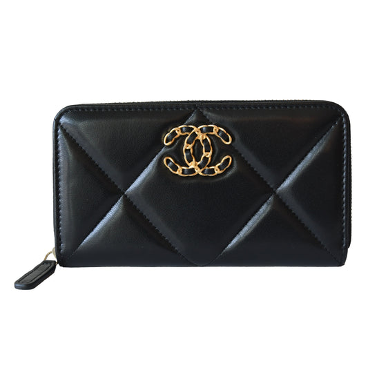 Chanel CC Lambskin Quilted 19 Long Zipped Around Wallet Black