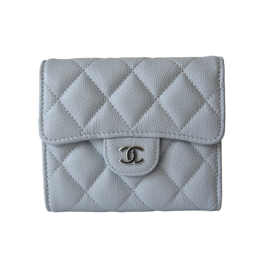 Chanel CC Caviar Quilted Trifold Compact Flap Wallet With Zipped Light Blue
