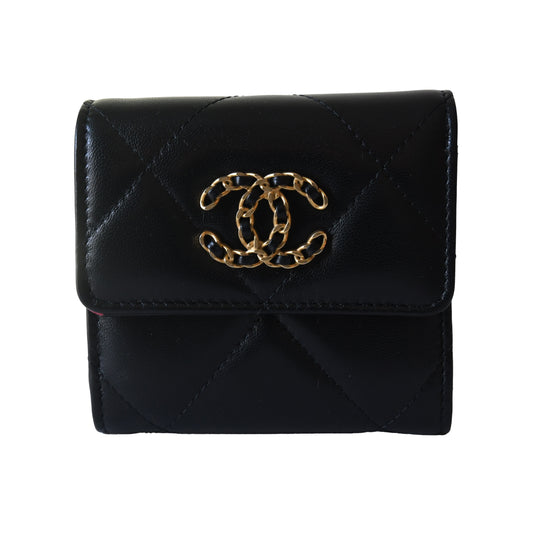 Chanel CC Lambskin Quilted Chanel 19 Mini Trifold Flap Wallet Black