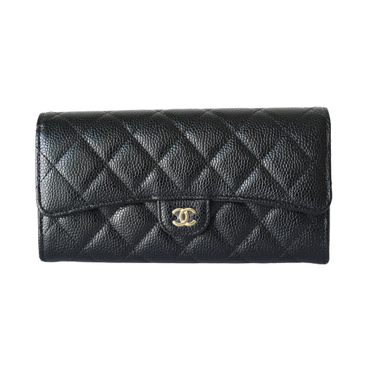 Chanel CC Quilted Caviar Continental Large Gusset Flap Wallet Gold Hardware Black
