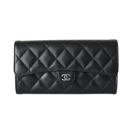 Chanel CC Quilted Caviar Continental Large Gusset Flap Wallet Silver Hardware Black