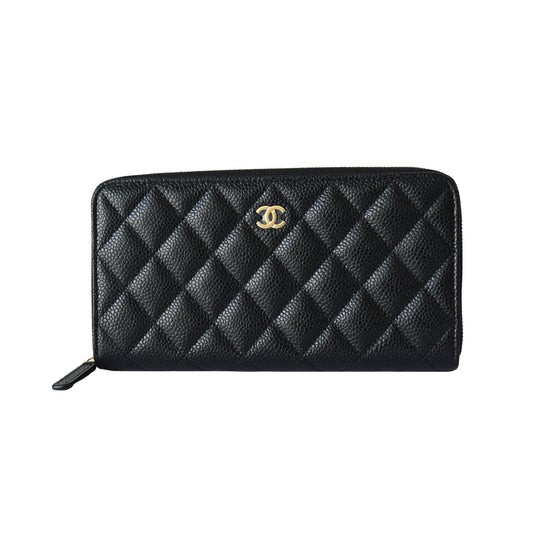 Chanel CC Caviar Quilted Large Gusset Zip Around Wallet Black