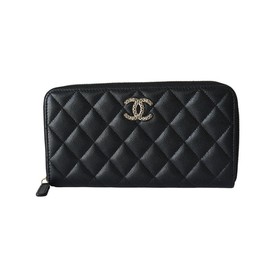 Chanel Perforated CC Mark Caviar Quilted Long Zipped Wallet Black