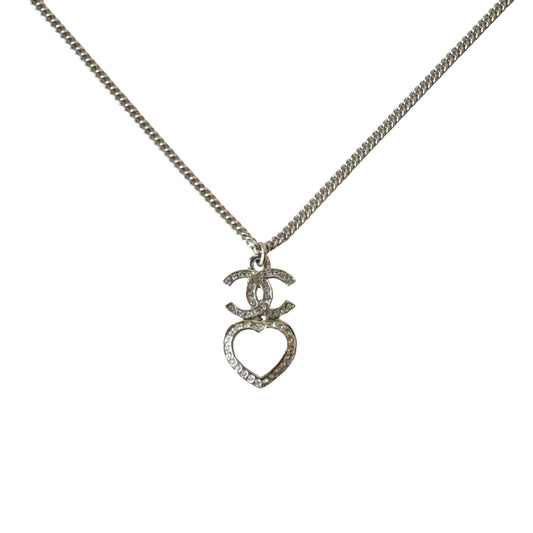 Chanel Crystal Strass CC Heart Pendant Necklace Silver