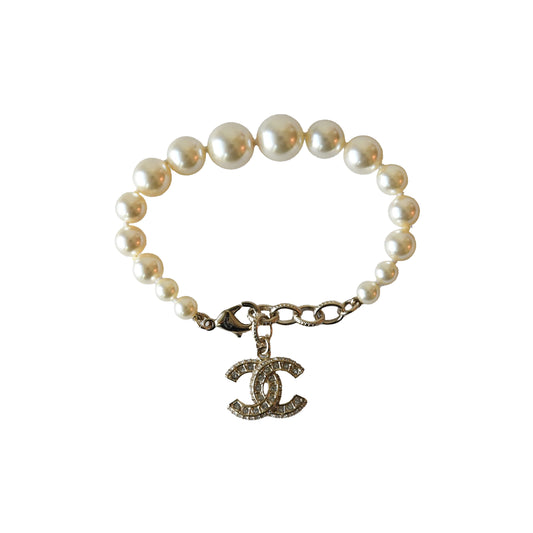 Chanel Crystal Strass Resin CC Pendant Pearl Bracelet Gold