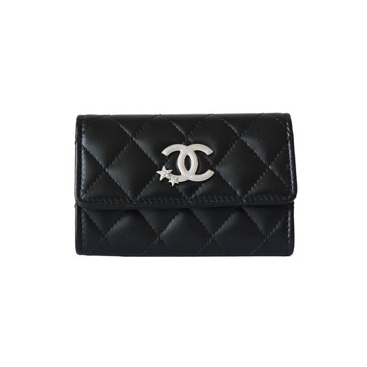 Chanel CC Lambskin Quilted Flap Crystal Star Card Holder Wallet Black