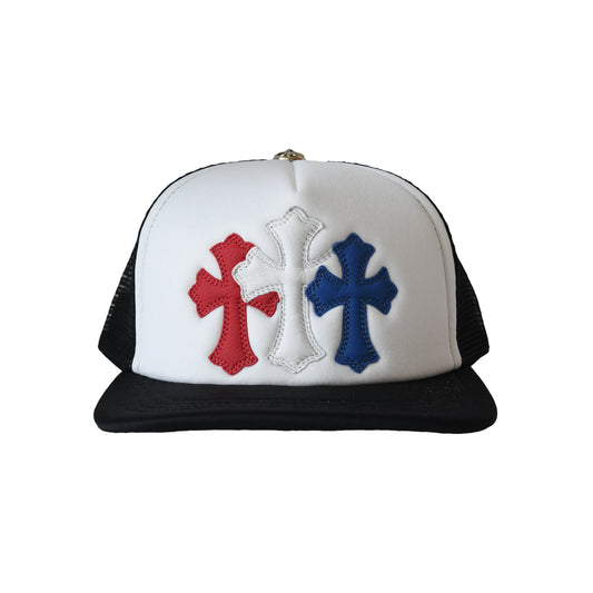 Chrome Hearts Red White Blue Triple Cross Trucker Hat Black
