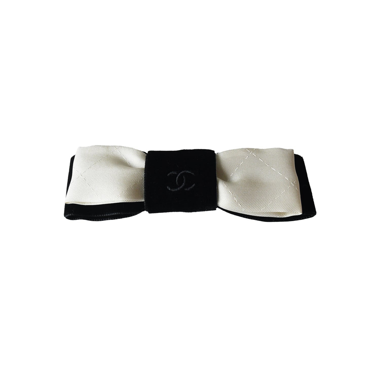 Chanel CC Silk Interlocking Bow Hair Barrette White-NOBLEMARS