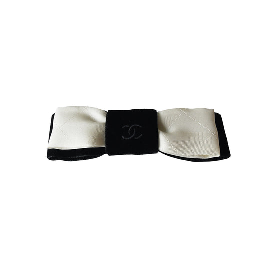 Chanel CC Silk Interlocking Bow Hair Barrette White-NOBLEMARS